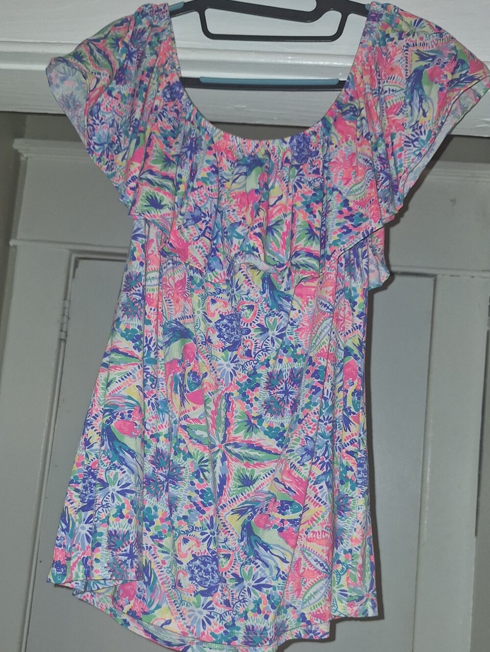 Lilly Pulitzer Tropical Floral Off-Shoulder Top in Pink, Blue & Green